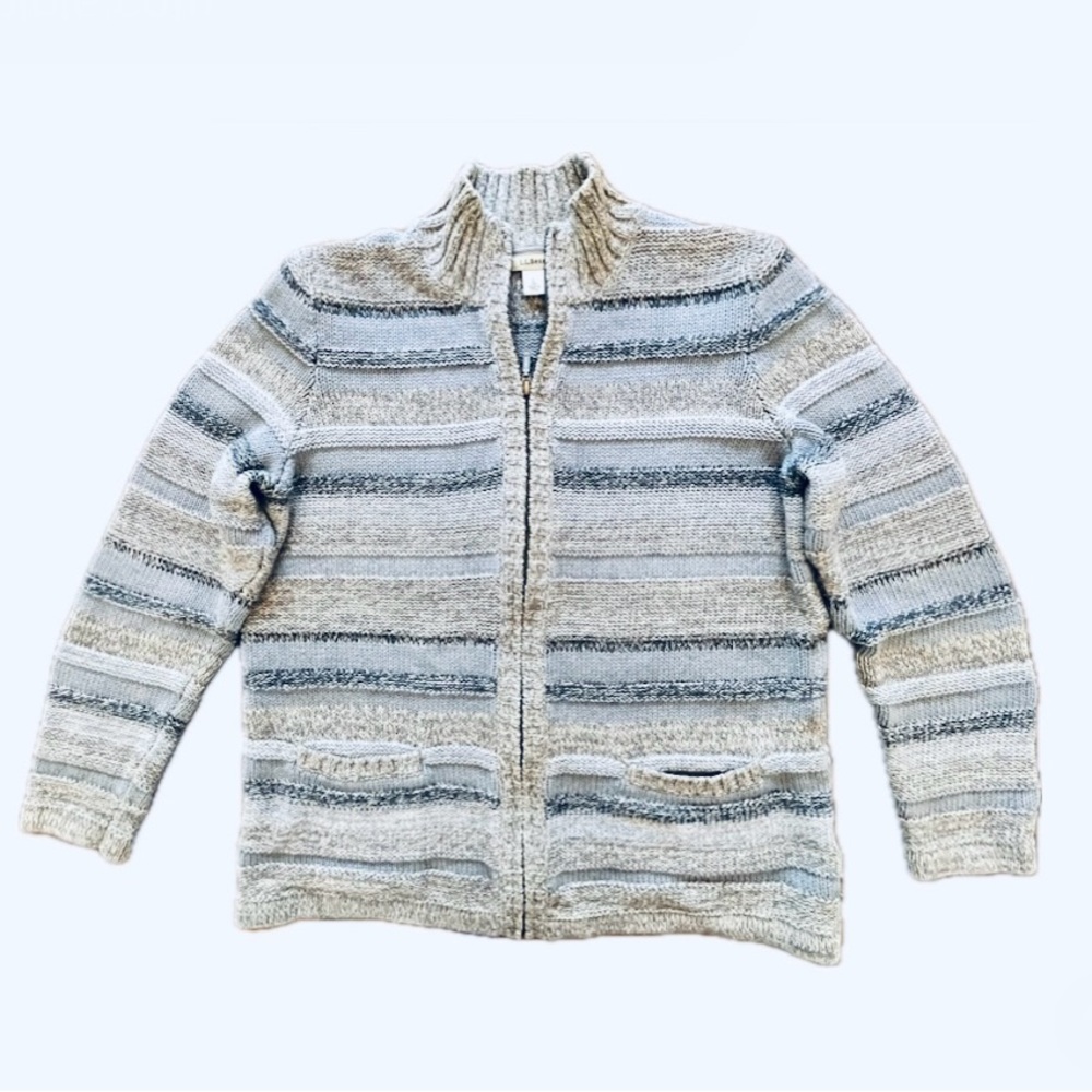 L.L. Bean Blue Striped Zip Up Sweater Cardigan, Large